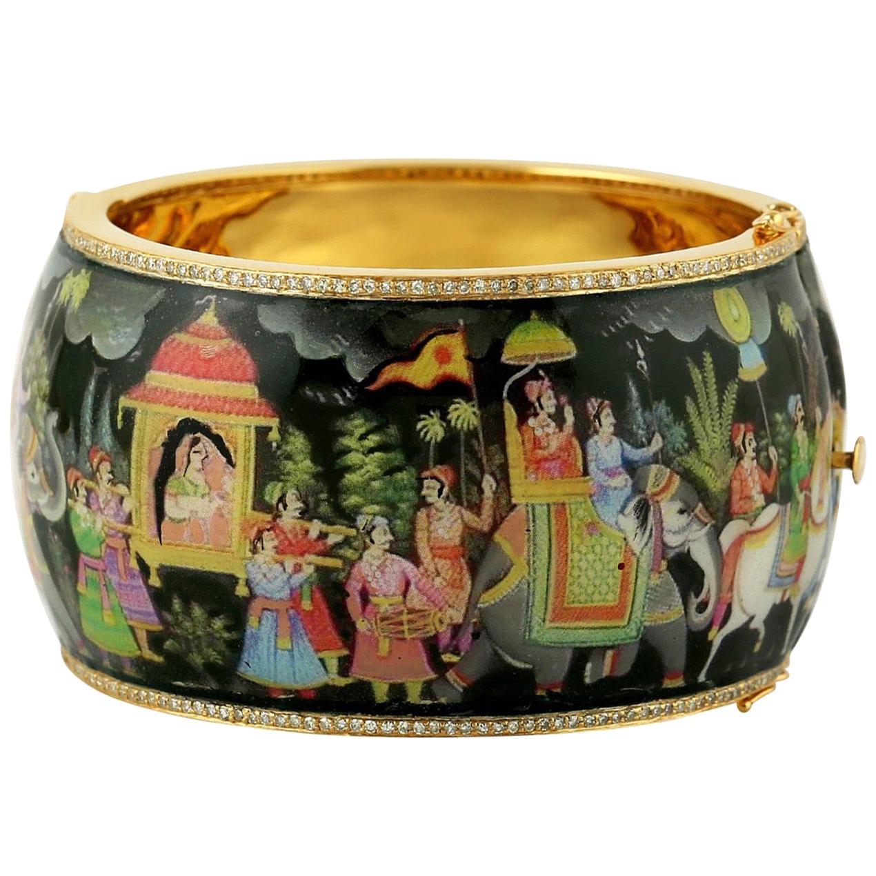 Maharaja Enamel Hand Painted Diamond Bangle Bracelet For Sale