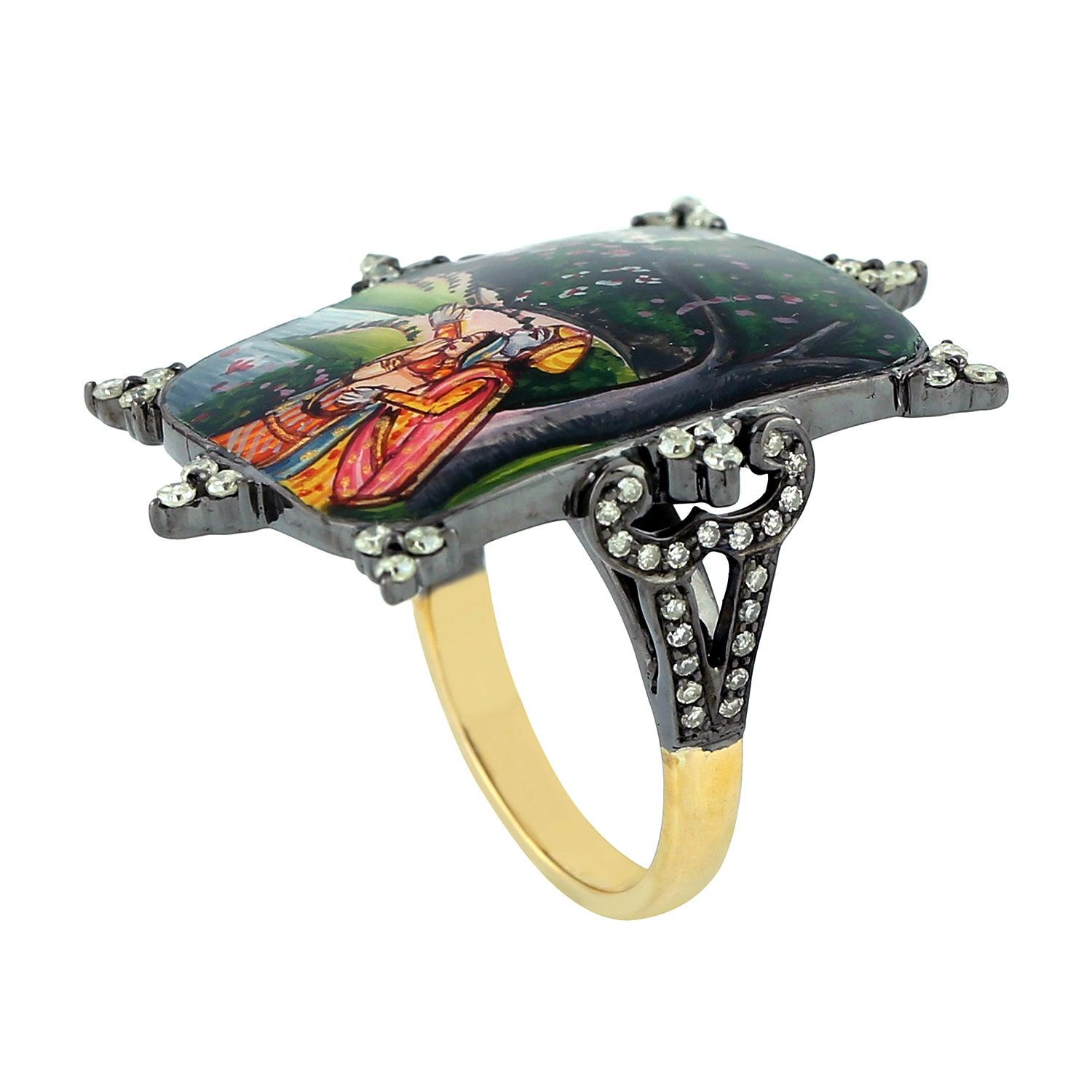 For Sale:  Maharaja Enamel Hand Painted Diamond Ring 4