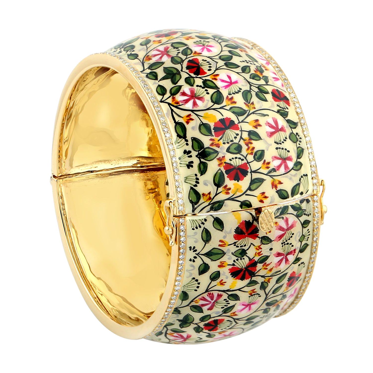  Enamel Diamond Maharaja Floral Bangle Bracelet For Sale