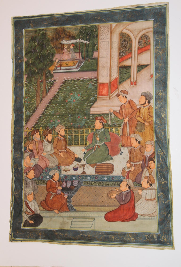Mughal scene, hand-painted on silk, very fine detailed and nice soft colors.
Fine example of Mughal style classical Indian Maharaja court palace.
A wonderful and meticulously detailed Mughal court scene, with many figures and decorative patterns, in