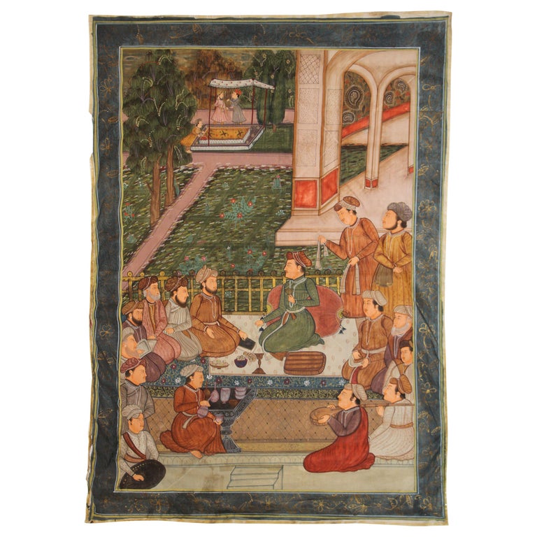 Maharaja Mughal Style Indian Art Painting on Silk For Sale