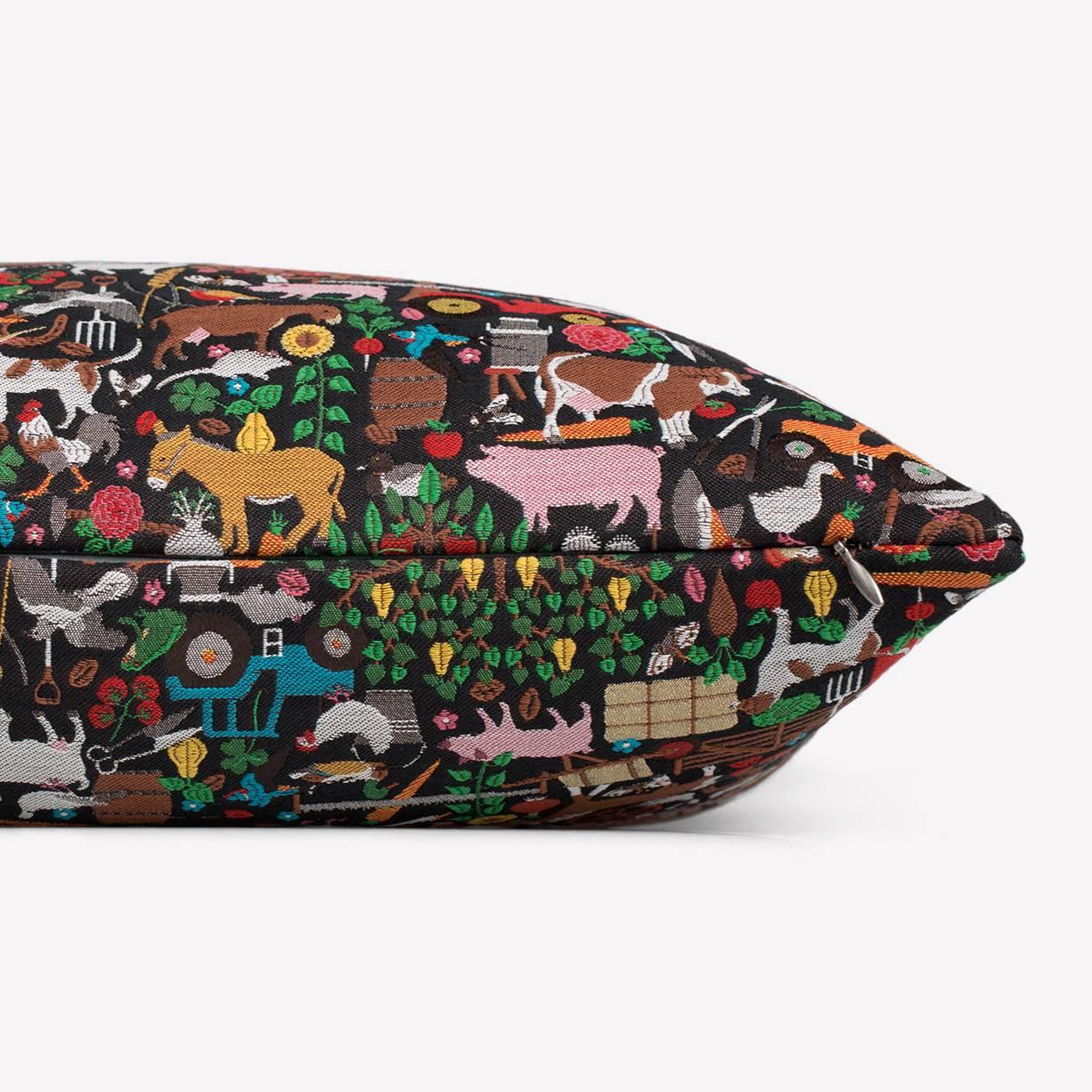 Maharam pillow
Bavaria by Studio Job
001 Unique

Based on a limited-edition Studio Job collection from 2008 consisting of five pieces of Indian rosewood furniture inlaid with vivid laser-cut marquetry, Bavaria depicts traditional farmland
