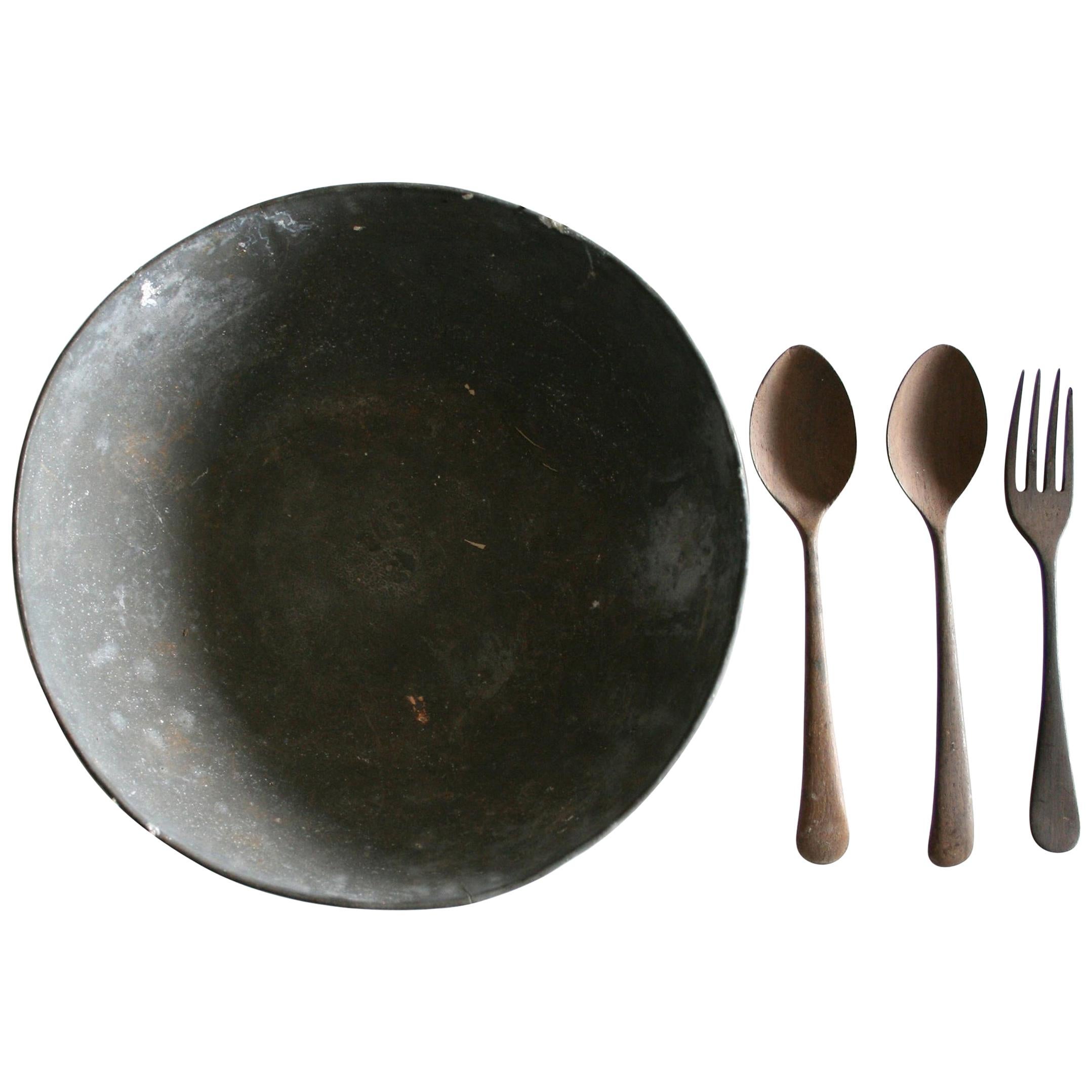 Mahatma Gandhi's Vintage 1940s Metal Prison Bowl and Wooden Fork and Spoons For Sale