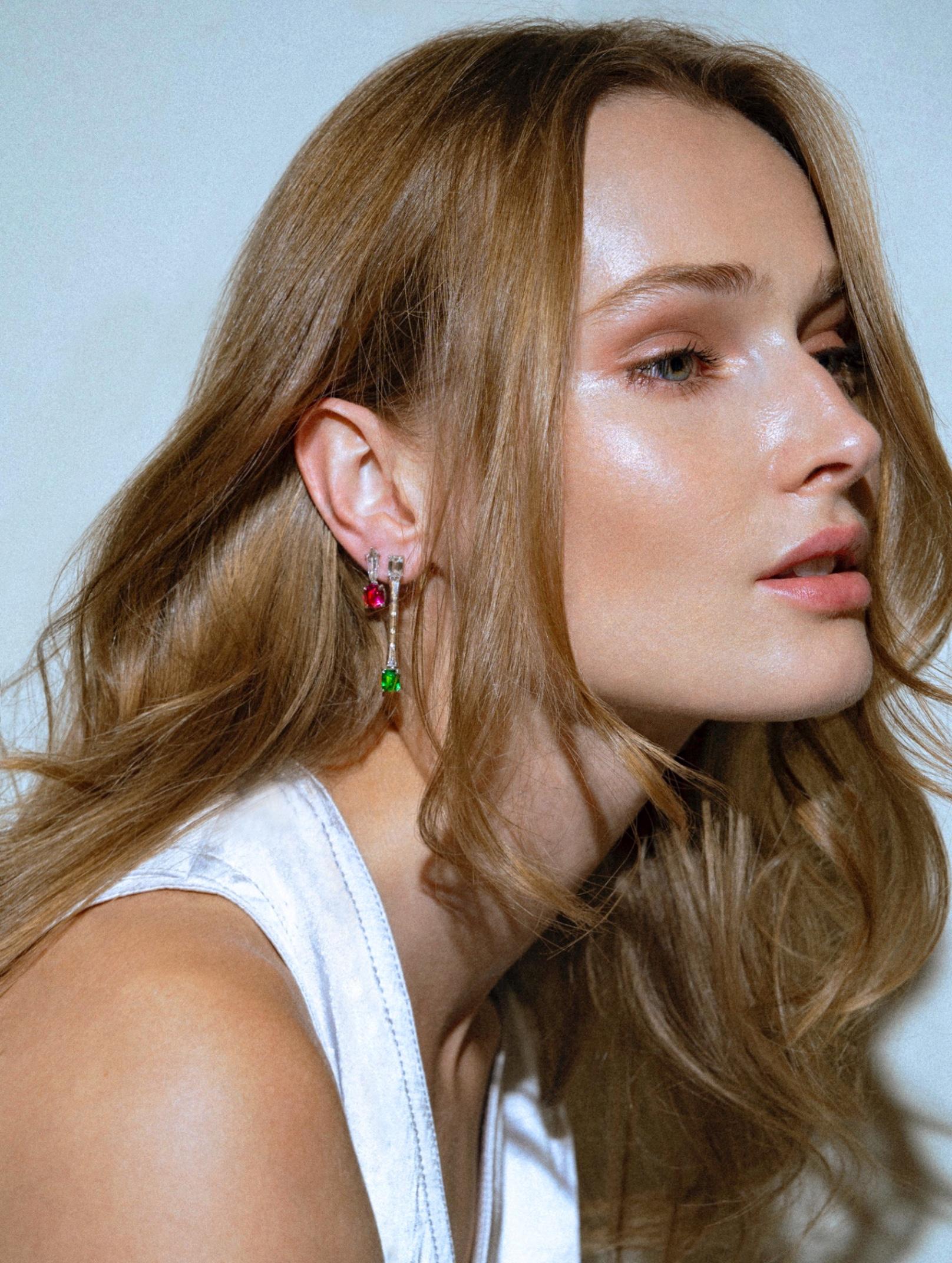 Emerald Cut Mahenge Spinel and Tsavorite Reverse Pair Earrings For Sale