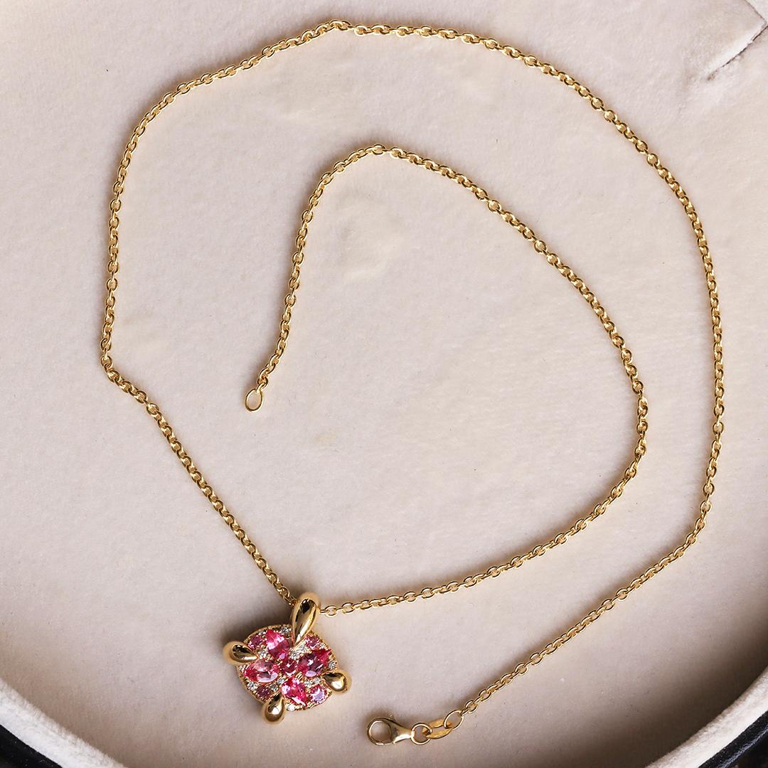 Women's Mahenge Spinel Padparadscha Sapphire Yellow Gold Pave Pendant For Sale