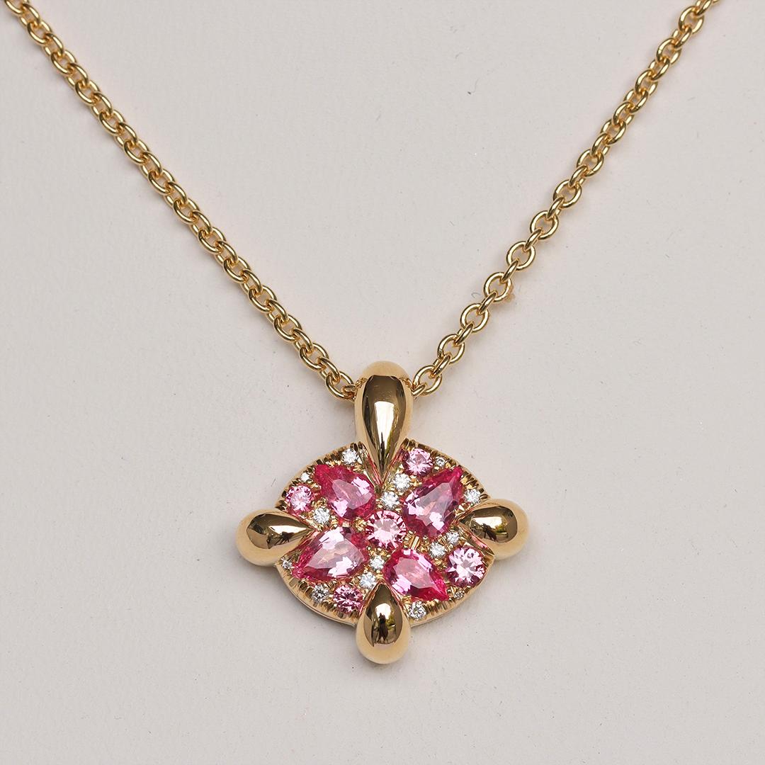 Mahenge Spinel Padparadscha Sapphire Yellow Gold Pave Pendant For Sale 4