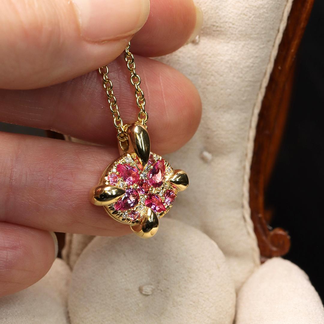 Contemporary Mahenge Spinel Padparadscha Sapphire Yellow Gold Pave Pendant For Sale