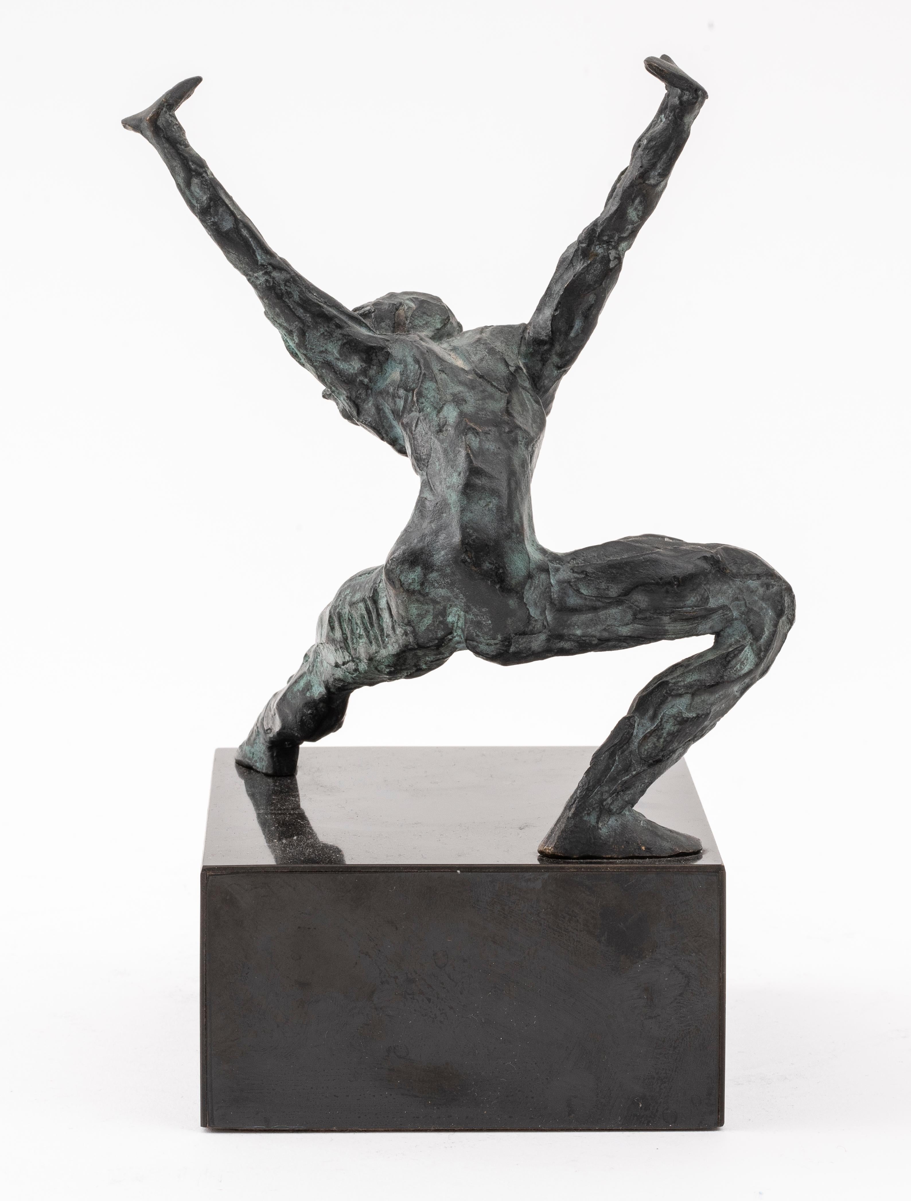 Maher, dancing male nude, bronze sculpture, signed, attached to base. Measures: 8