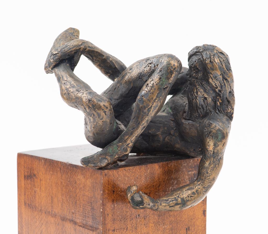 Maher, male nude, bronze sculpture, unsigned, attached to wooden base. Measures: 8