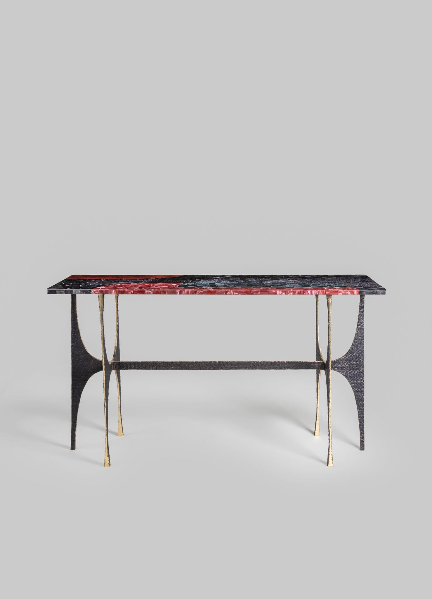Brass Maheshwar Console Table in Semi Precious Overlay Top, Viya by Vikram Goyal For Sale