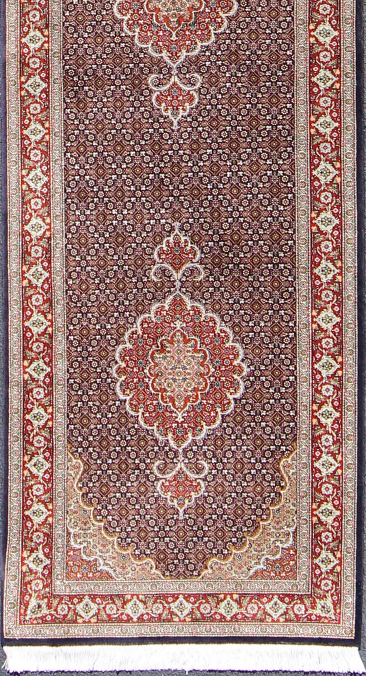 Hand-Knotted Mahi Tabriz Persian Runner with Wool and Silk For Sale