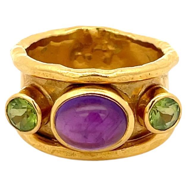 Mahie Amethyst & Peridot Wide Band 22K Yellow Gold For Sale