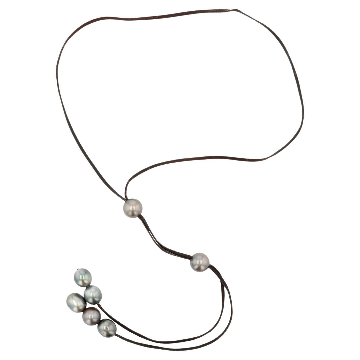 Mahina Tahitian Pearl Leather Necklace For Sale
