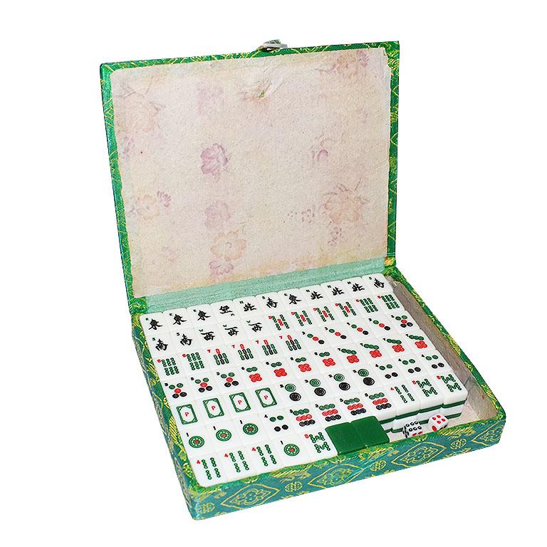 Chinoiserie Mahjong Game Set in Green Satin Brocade Carrying Case and Green Back Tiles