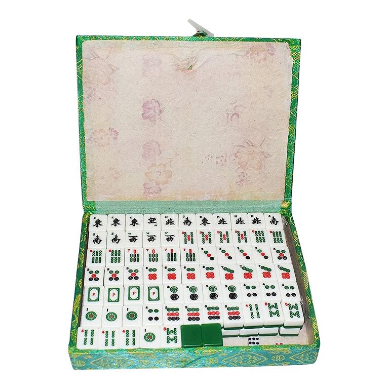 Mahjong Game Set in Green Satin Brocade Carrying Case and Green Back Tiles  at 1stDibs
