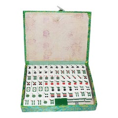 Mahjong Game Set in Green Satin Brocade Carrying Case and Green Back Tiles