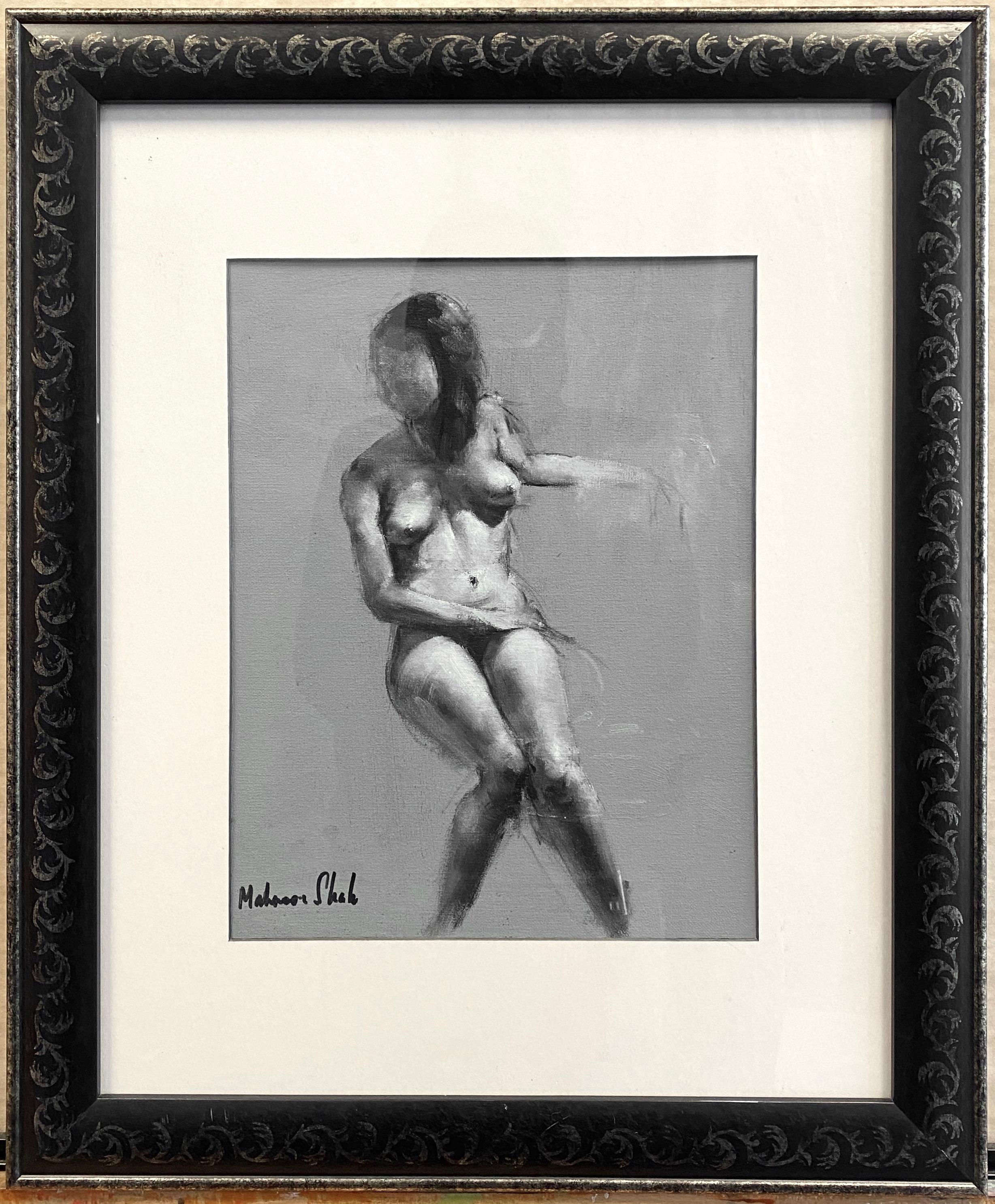 An early 2010s untitled nude figure study impressionist painting on art board by well-known Pakistani artist Mahnoor Shah.

Sensitively depicted female figure in a casual seated pose, rendered in shades of grey against a solid light grey