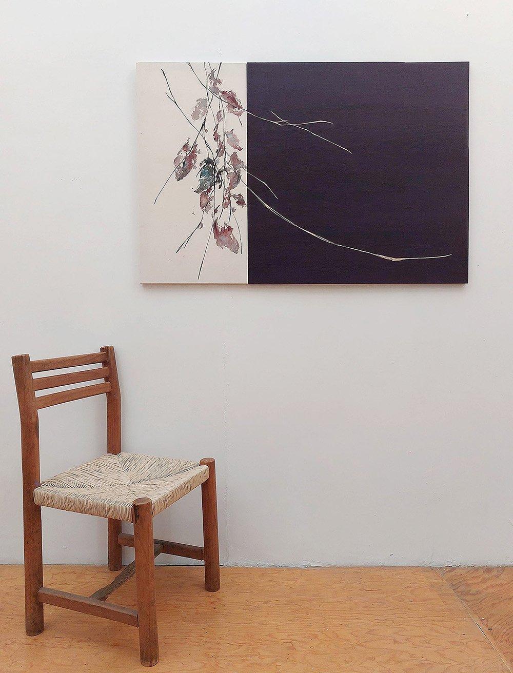 Dialog mit der Natur #21 von Maho Maeda - Abstrakte Malerei, Blumen, Rosa, Holz im Angebot 1