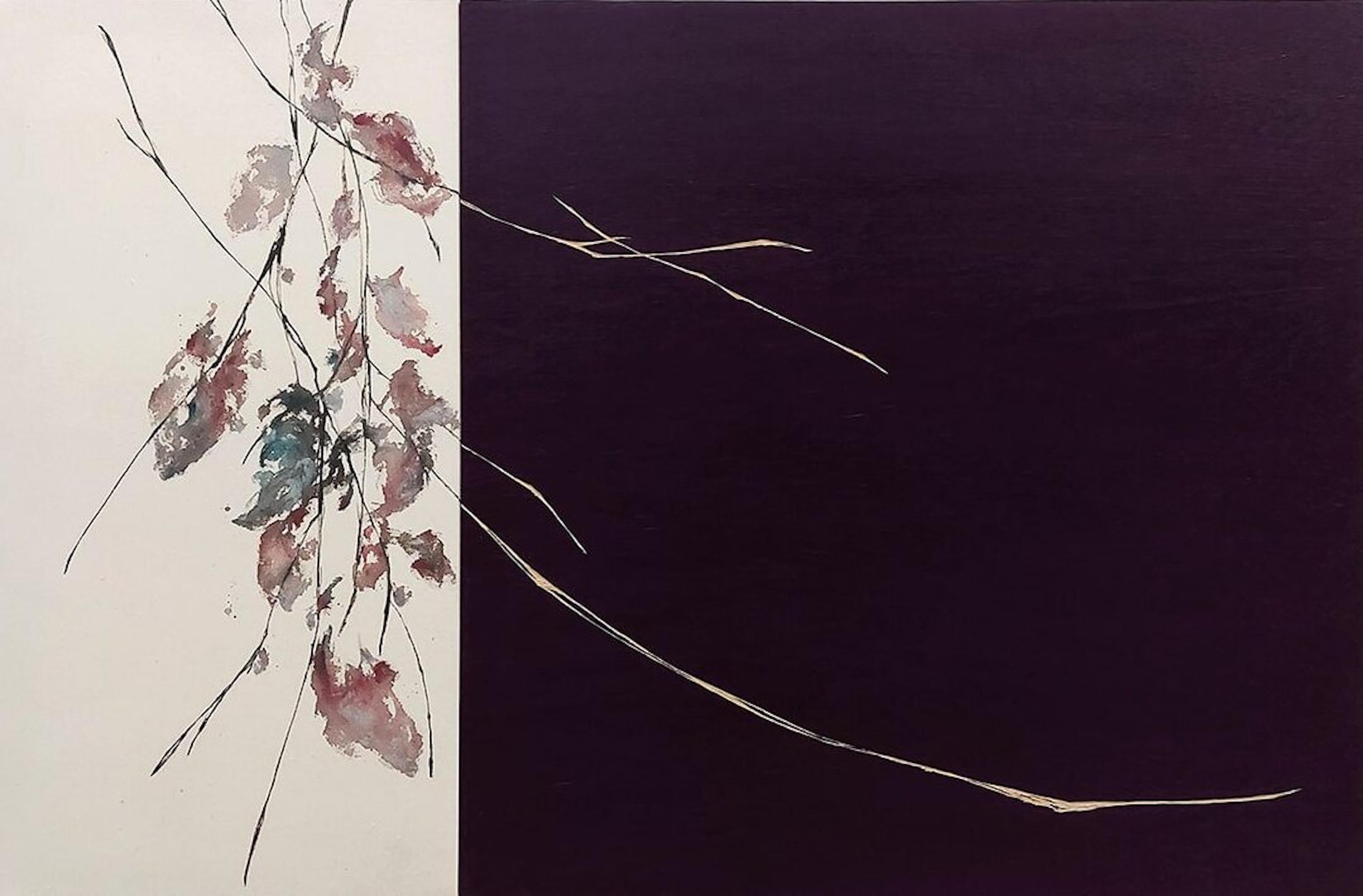 Dialogue with nature #21 by Maho Maeda - Abstract painting, flowers, pink, wood