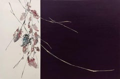 Dialogue with nature #21 by Maho Maeda - Abstract painting, flowers, pink, wood