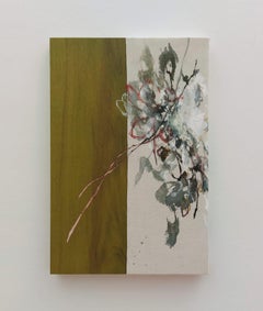 Dialogue with nature #33 by Maho Maeda - Abstract painting, flowers, green, wood