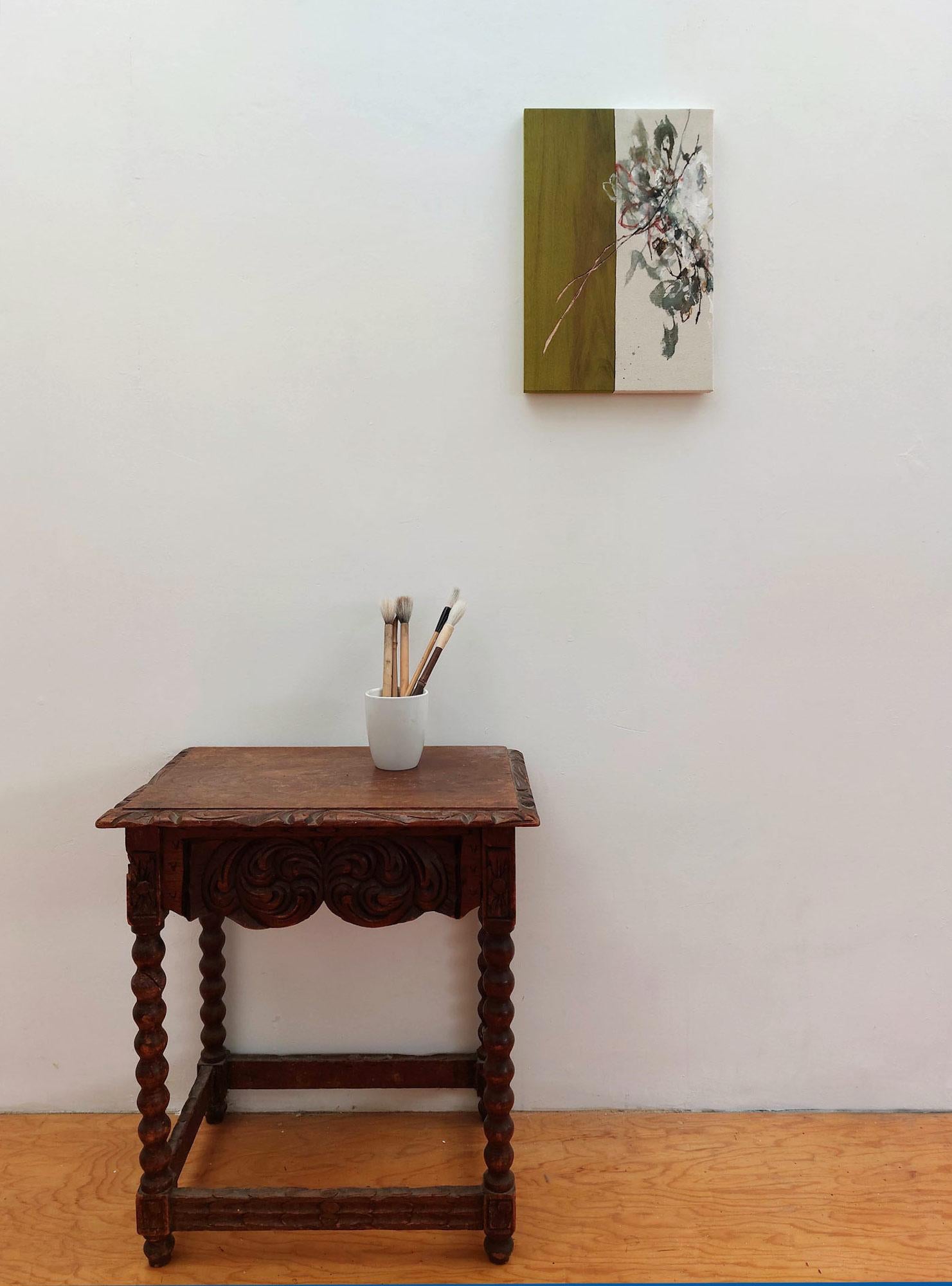 Dialogue avec la nature n°33 d' Maho Maeda - Peinture abstraite, fleurs, vert, bois en vente 2