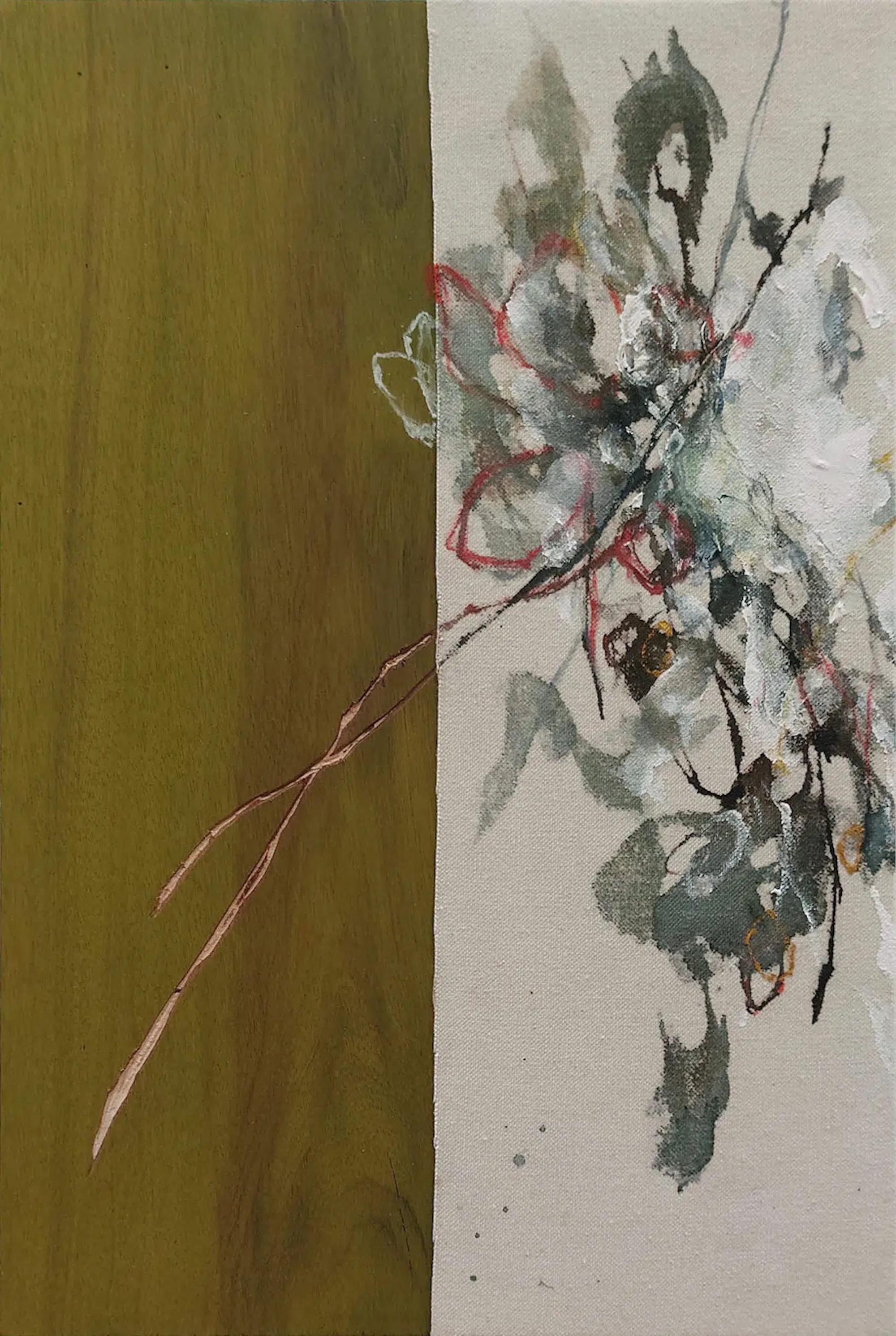 Diálogo con la naturaleza #33 de Maho Maeda - Cuadro abstracto, flores, verde, madera