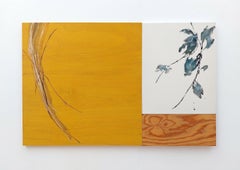Dialogue with Nature #89 by Maho Maeda -Abstract painting, flowers, yellow, wood
