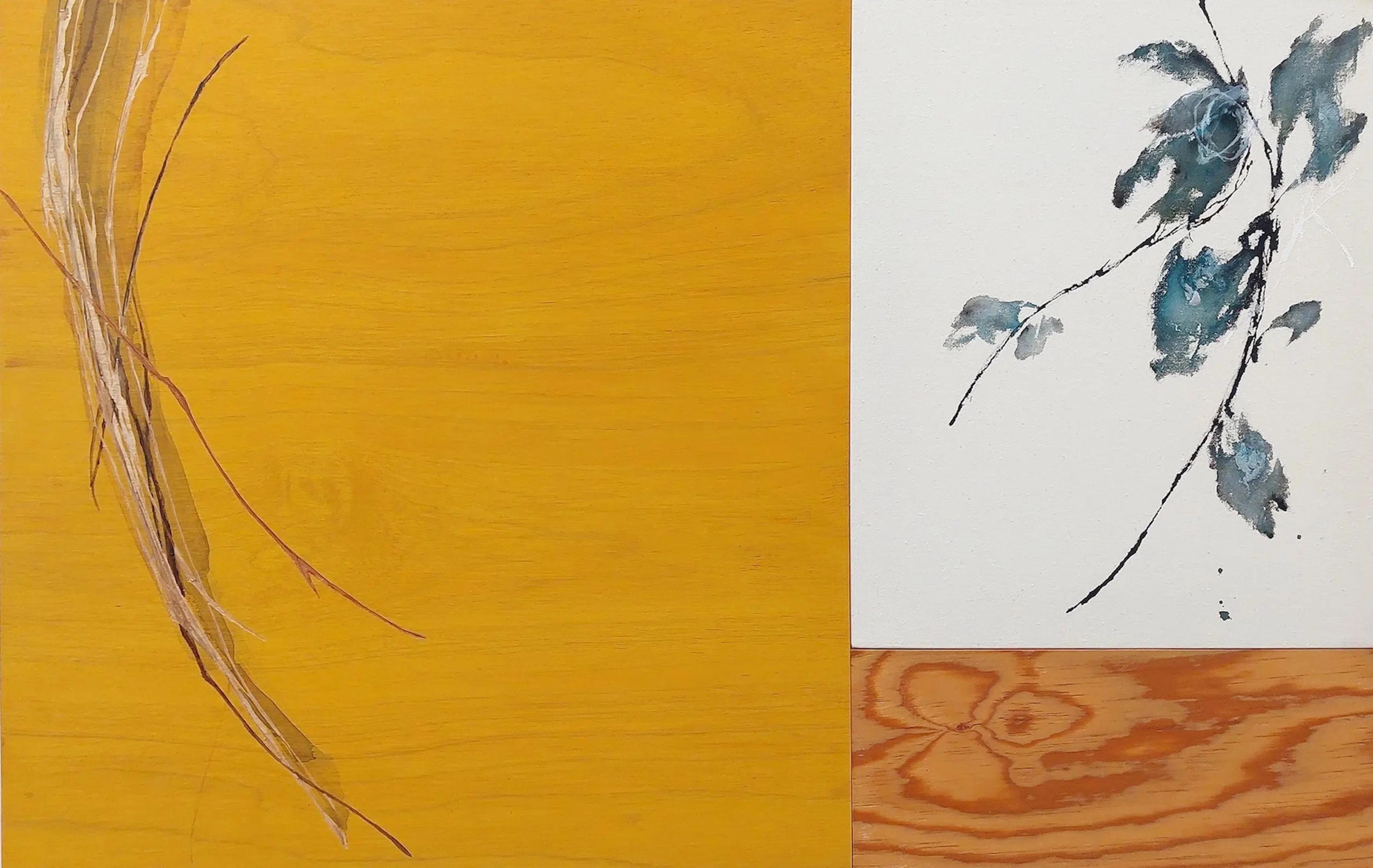 Dialogue with Nature #89 by Maho Maeda -Abstract painting, flowers, yellow, wood