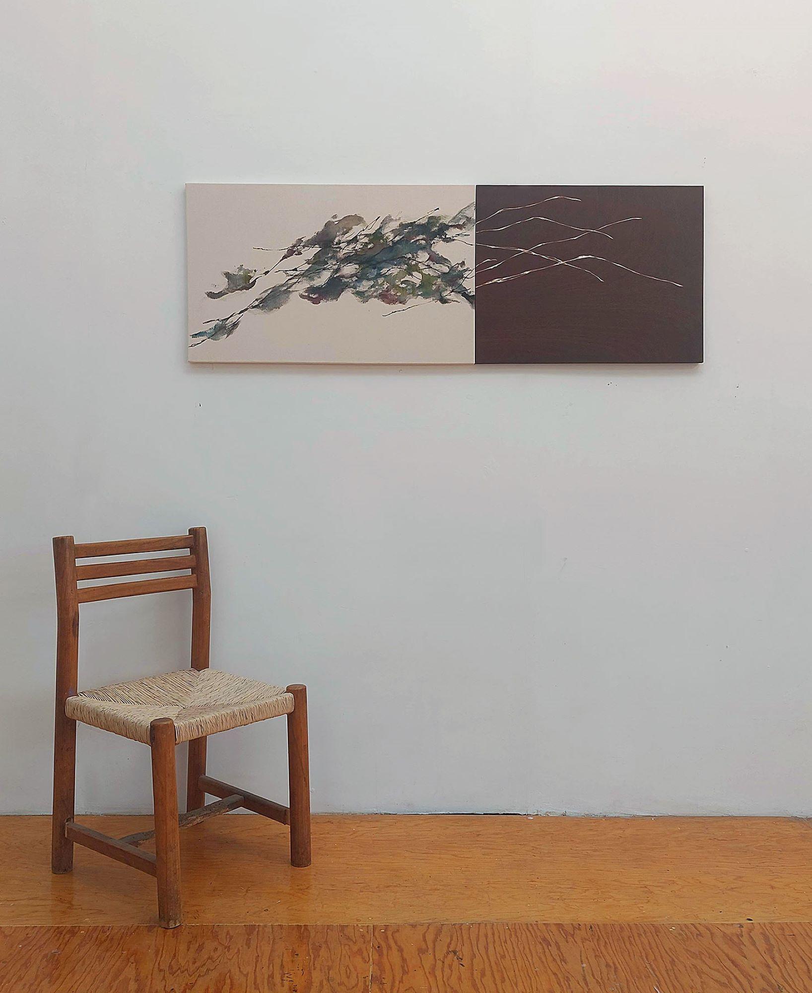 Flowing Sound #10 von Maho Maeda - Abstraktes Gemälde, blaue Blumen, Holz, Leinwand im Angebot 1