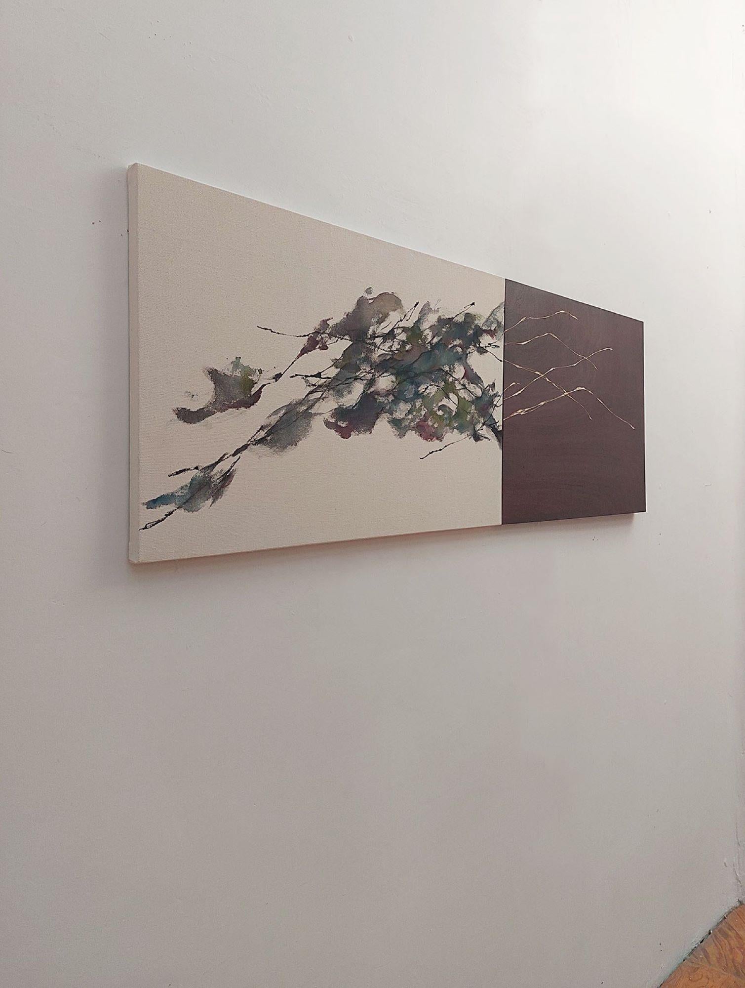 Flowing Sound #10 von Maho Maeda - Abstraktes Gemälde, blaue Blumen, Holz, Leinwand im Angebot 3
