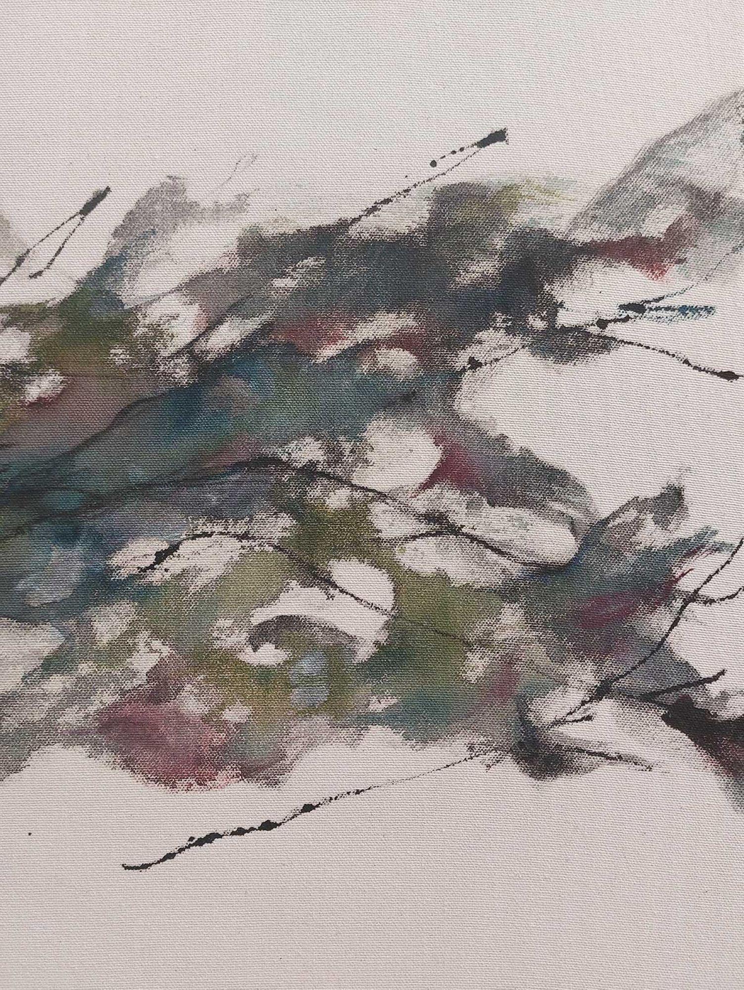 Flowing Sound #10 von Maho Maeda - Abstraktes Gemälde, blaue Blumen, Holz, Leinwand im Angebot 4