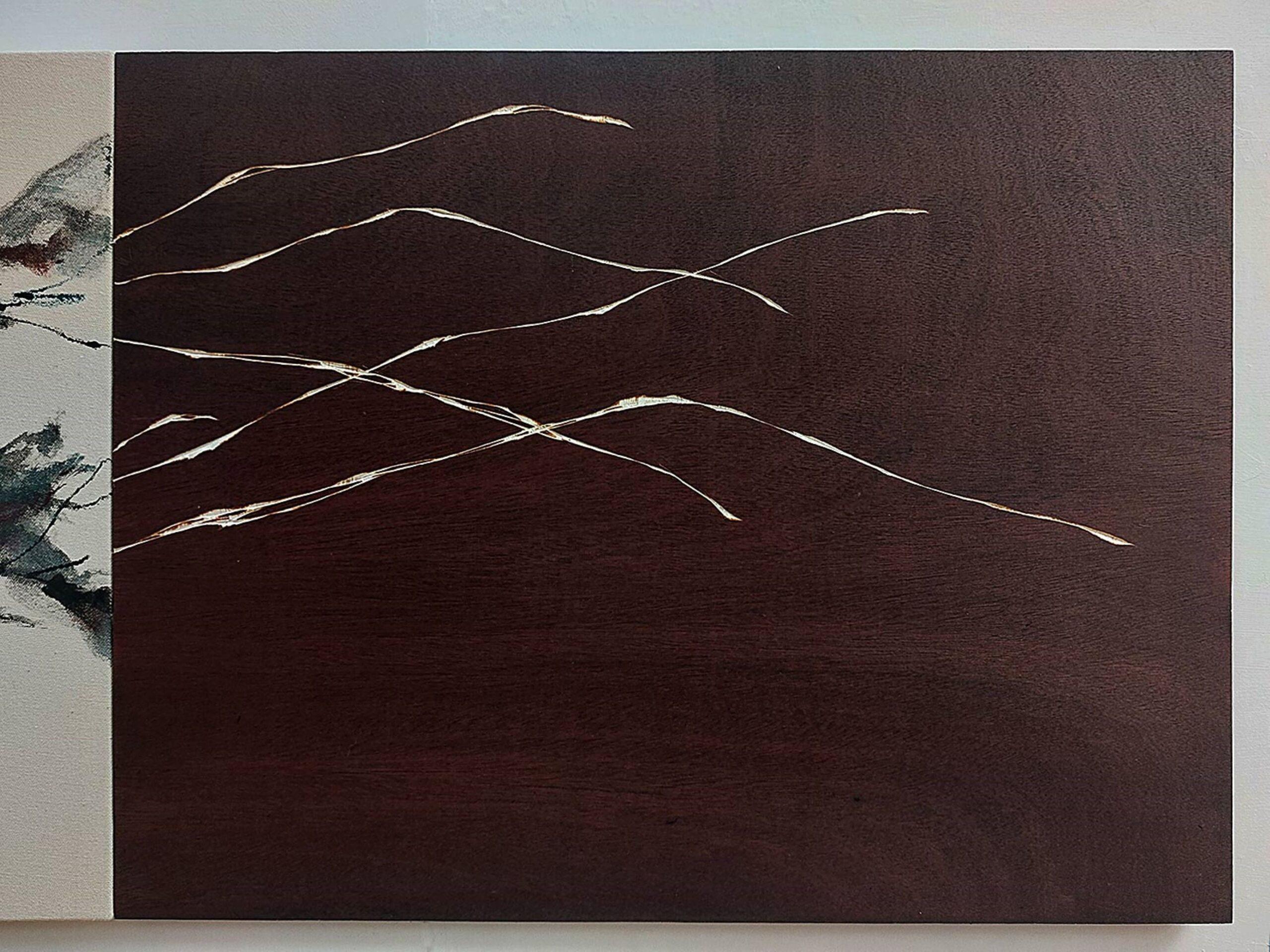 Flowing Sound #10 von Maho Maeda - Abstraktes Gemälde, blaue Blumen, Holz, Leinwand im Angebot 5