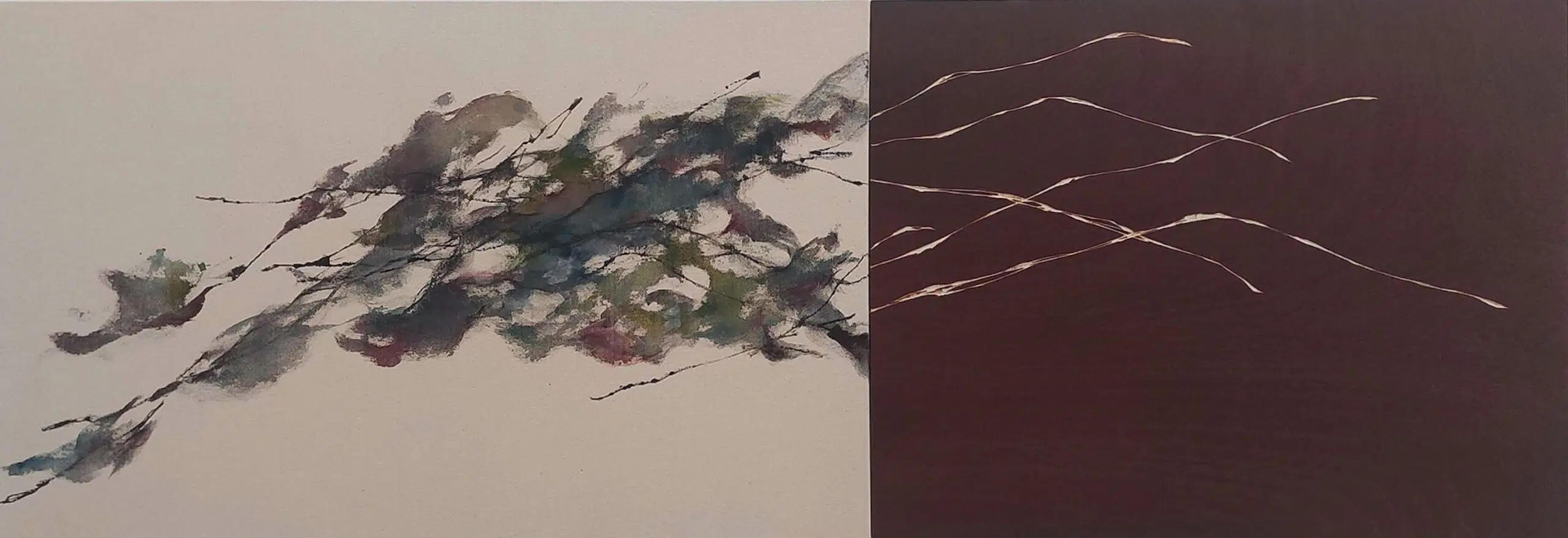 Flowing Sound #10 by Maho Maeda - Abstract painting, blue flowers, wood, canvas