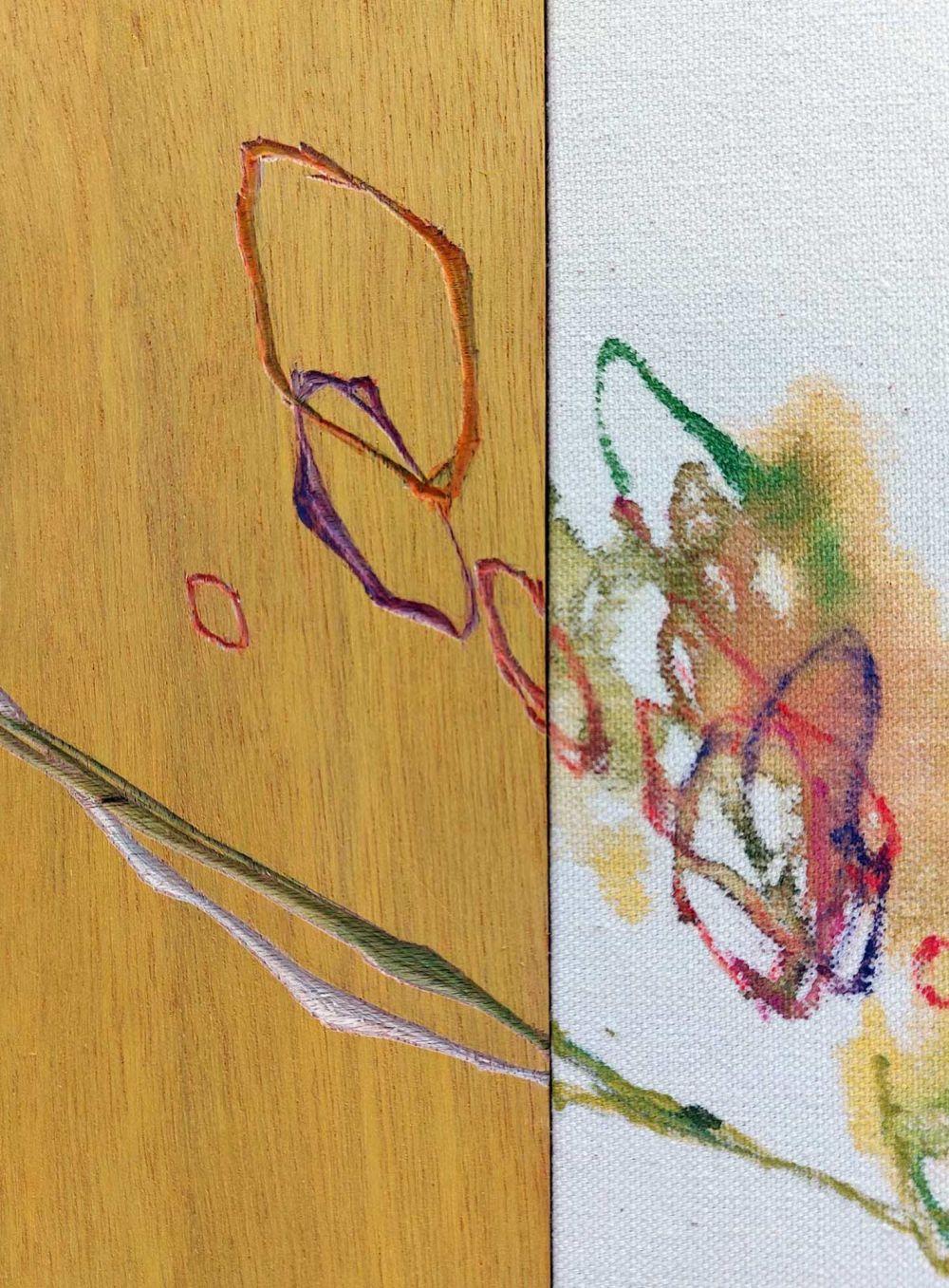 Newborn sound #83 von Maho Maeda - Abstraktes Gemälde, Blume, Leinwand und Holz im Angebot 3