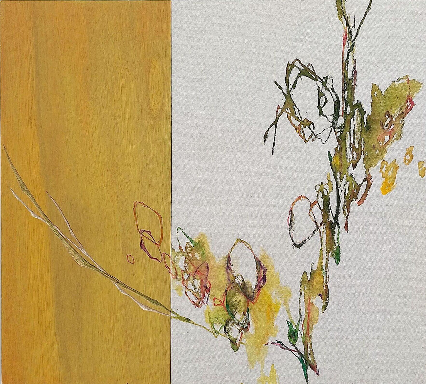 Newborn sound #83 von Maho Maeda - Abstraktes Gemälde, Blume, Leinwand und Holz