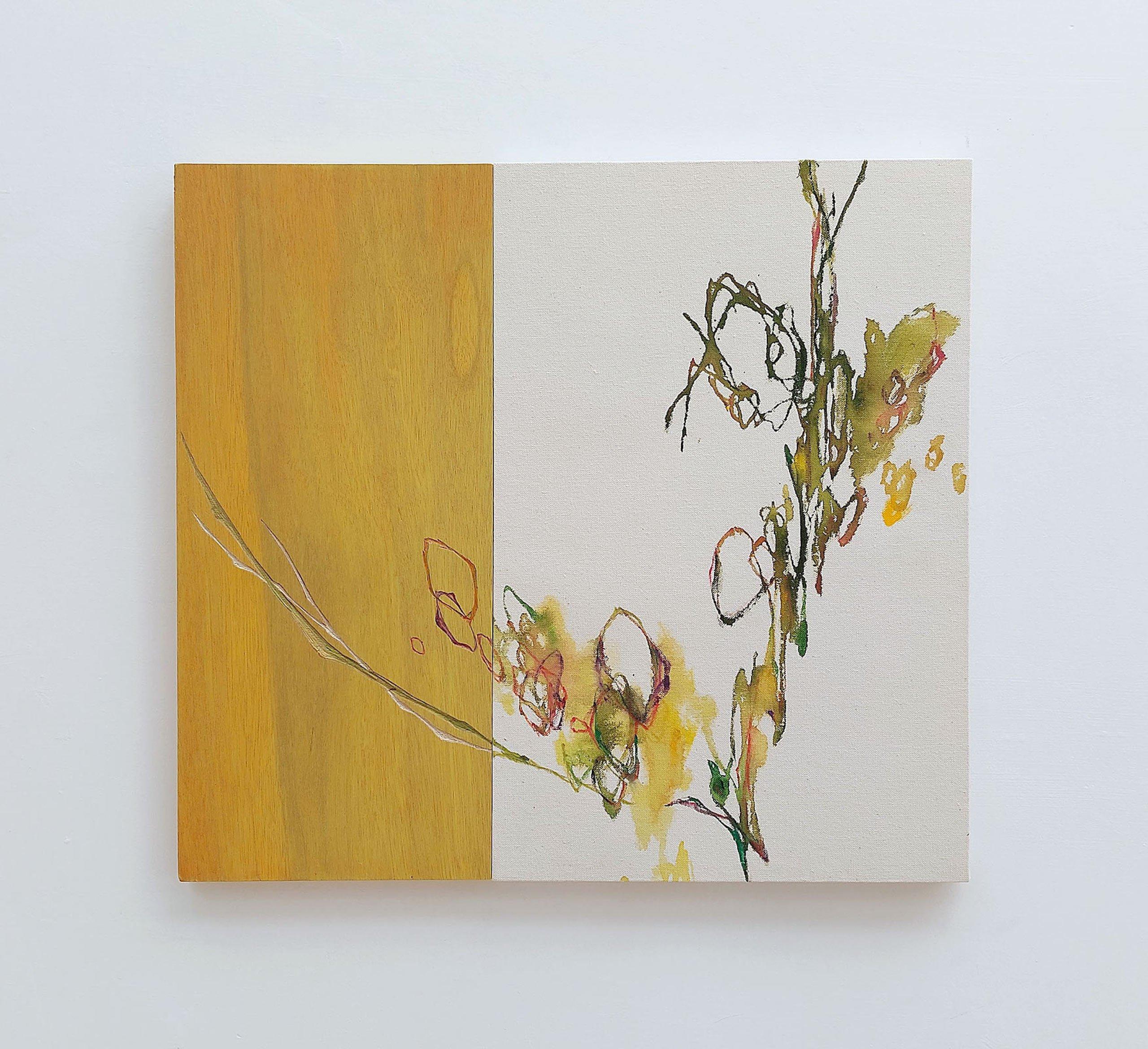 Newborn sound #83 by Maho Maeda - acrylic, pencil, ink and carved wood - yellow