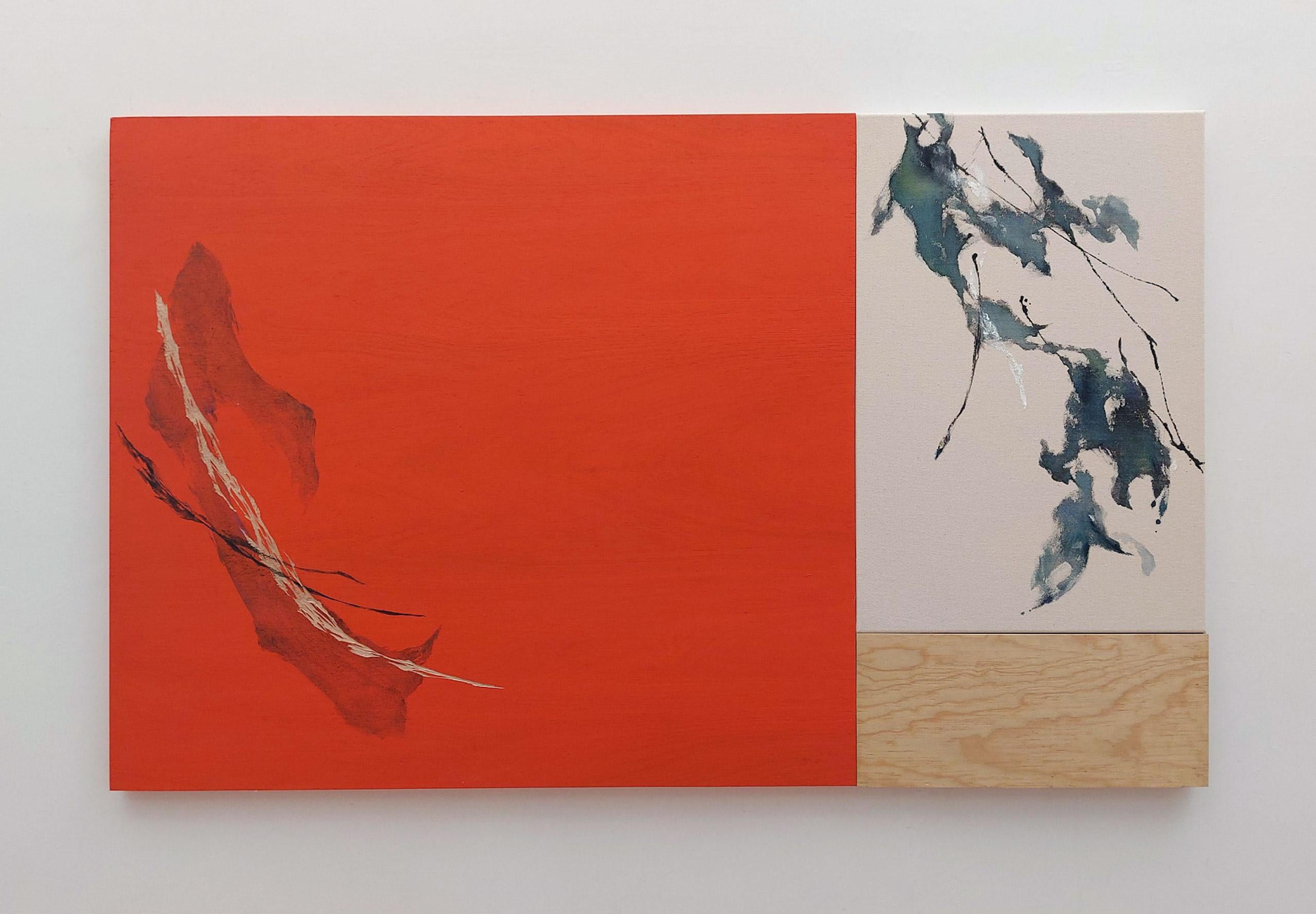 Newborn sound #97 von Maho Maeda - Abstraktes Gemälde, Blume, Leinwand und Holz im Angebot 1