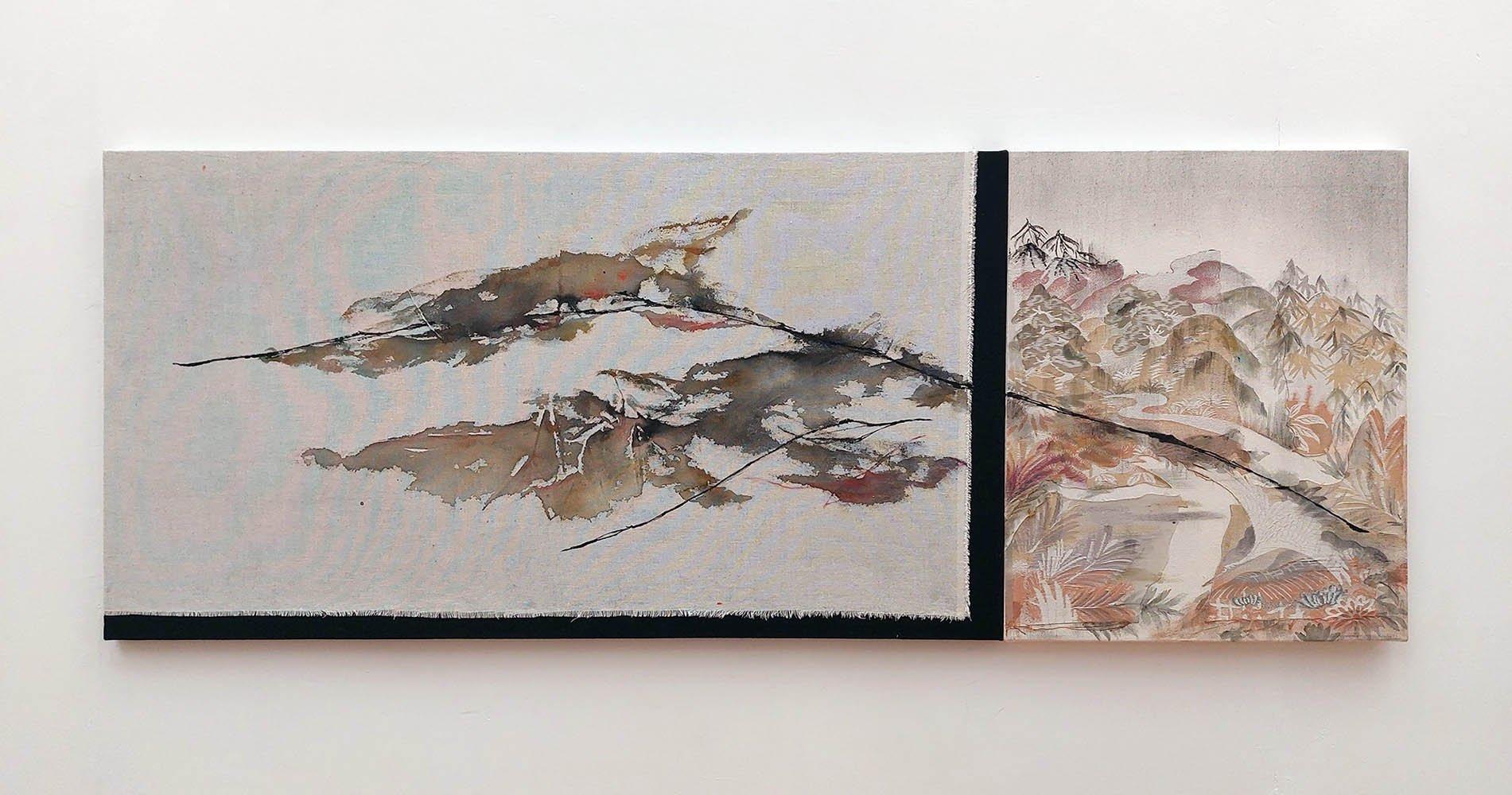 Remembrance n°18 d'Amo Maeda, peinture abstraite, fleurs, textile et bois
