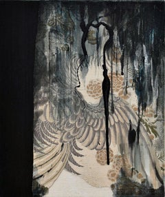 Remembrance #34 di Maho Maeda - Pittura astratta, tessuto a fantasia, uccello, flora
