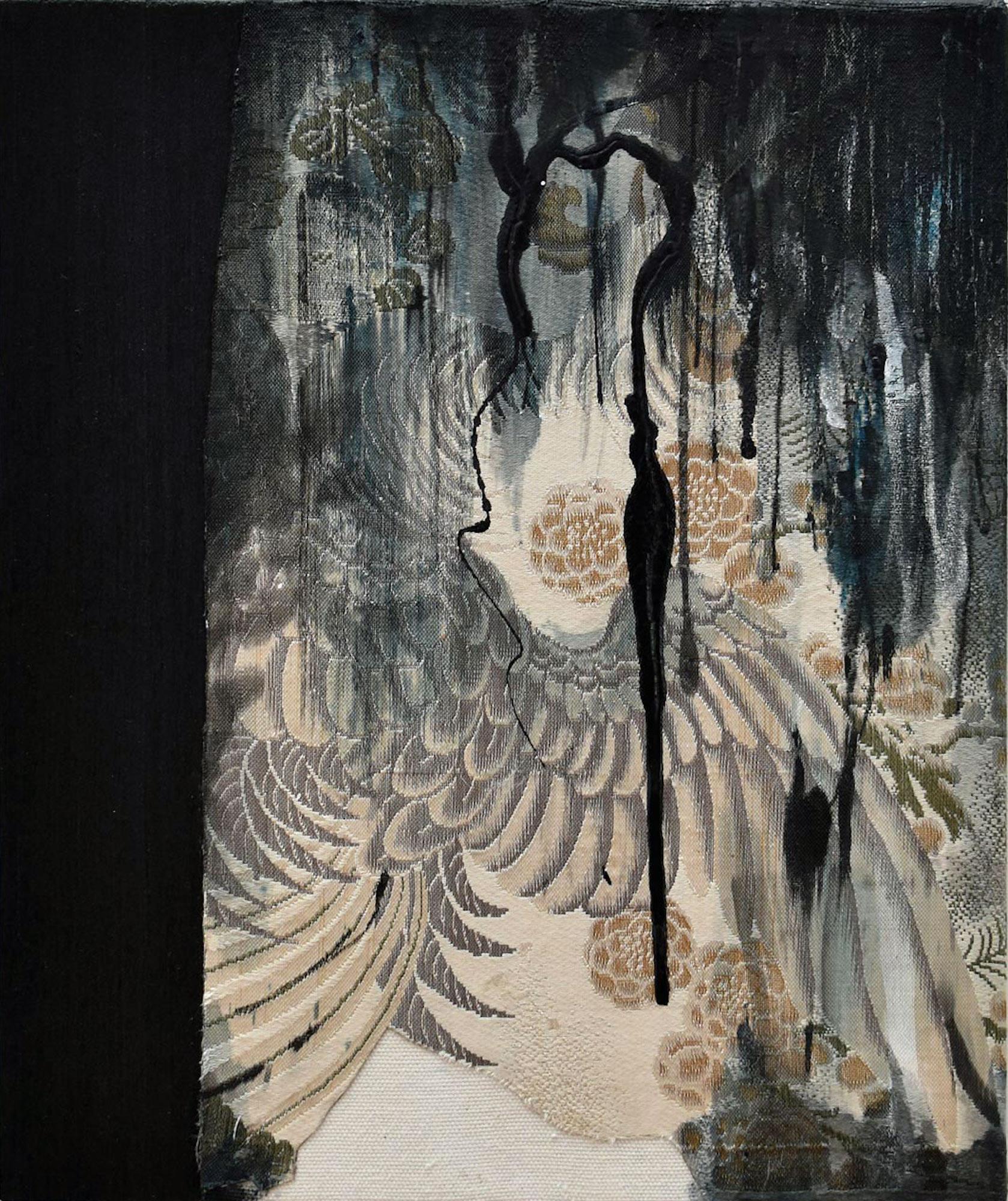 Remembrance #34 by Maho Maeda - Abstract painting, patterned fabric, bird, flora