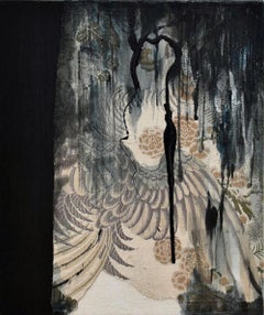 Remembrance #34 by Maho Maeda - Abstract painting, patterned fabric, bird, flora