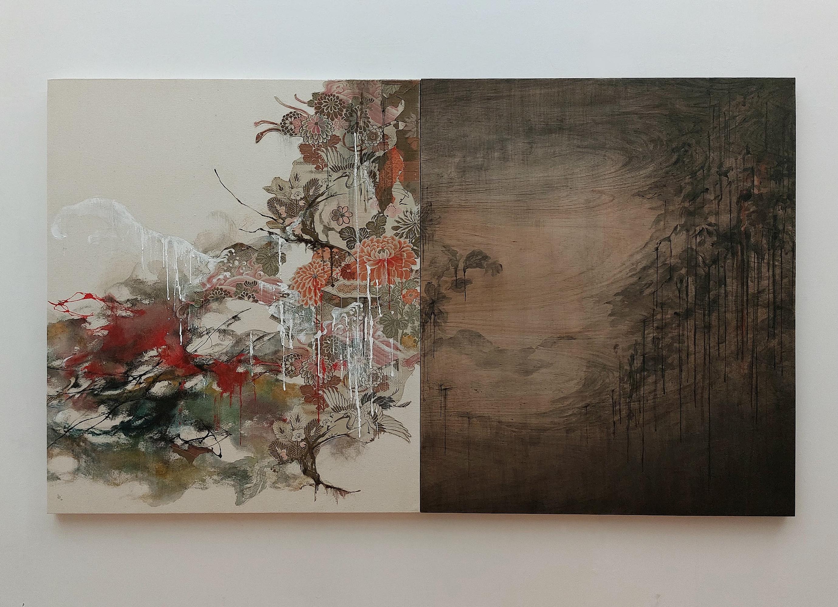 Remembrance #35 ist ein Werk des japanischen Künstlers Maho Maeda. Dieses Werk besteht aus zwei zusammengesetzten Tafeln, die dem Werk zwei verschiedene Oberflächen verleihen: Leinwand und Holz. Acryl, Farbstift, Tinte und altes Textil auf