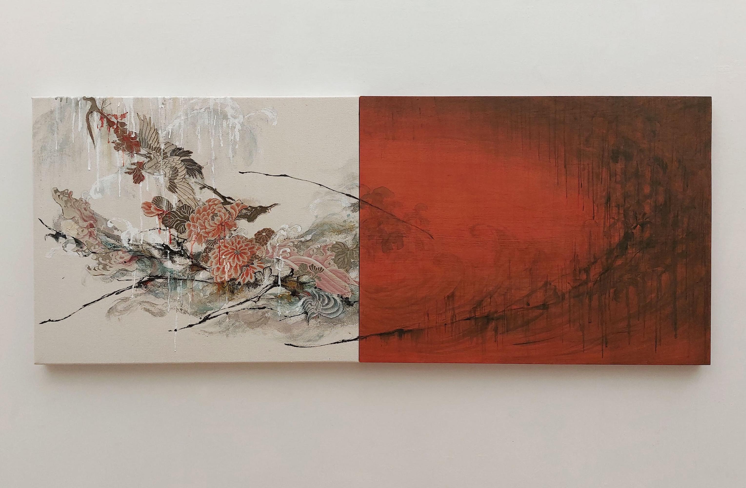 Remembrance #36 von Maho Maeda - Faserkunst und Malerei, japanisch, rot