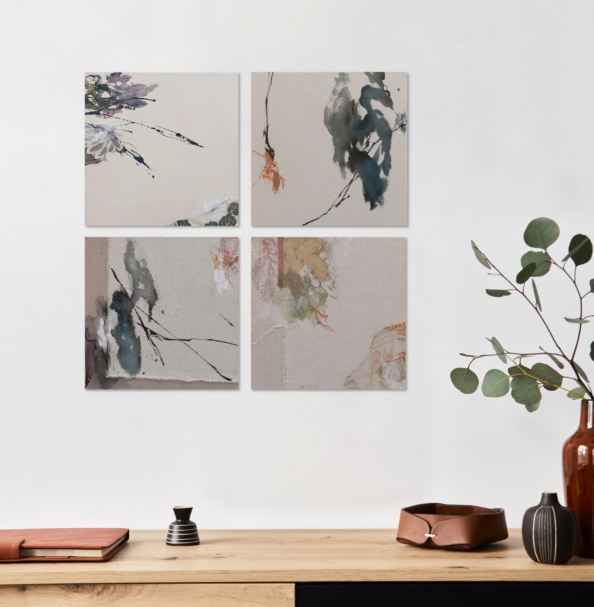 Remembrance set of 4 by Maho Maeda - Abstract painting, flowers, textile & paper For Sale 1