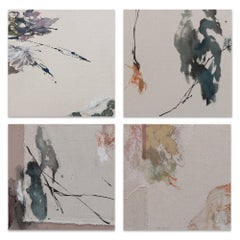 Remembrance set of 4 by Maho Maeda - Abstract painting, flowers, textile & paper