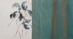 Silvery Sound #2 by Maho Maeda - Semi-abstract painting, green-blue flowers