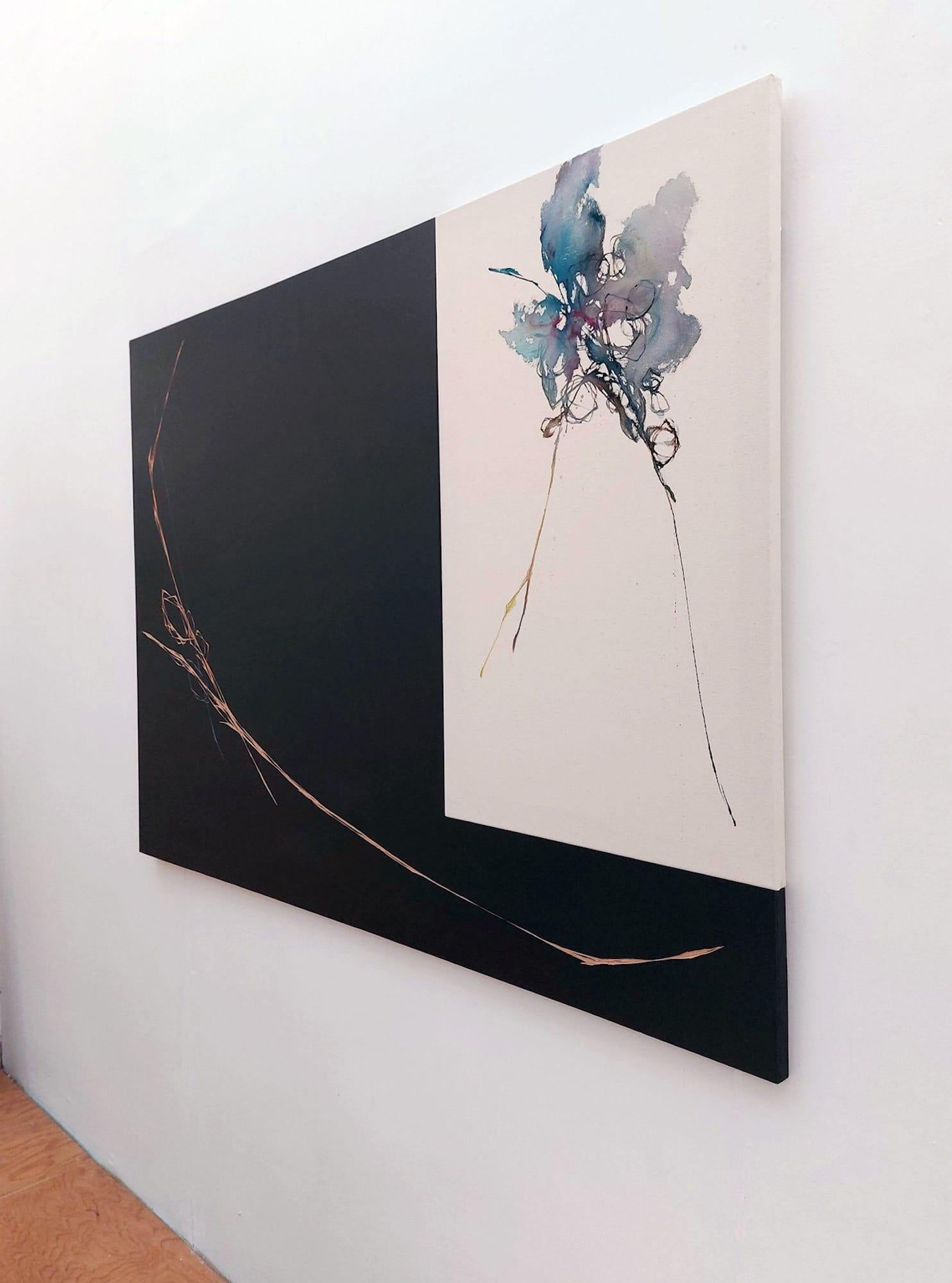 Unborn Sound #14 von Maho Maeda - Abstraktes Gemälde, Leinwand, Holz, Flora, Dunkelheit im Angebot 2