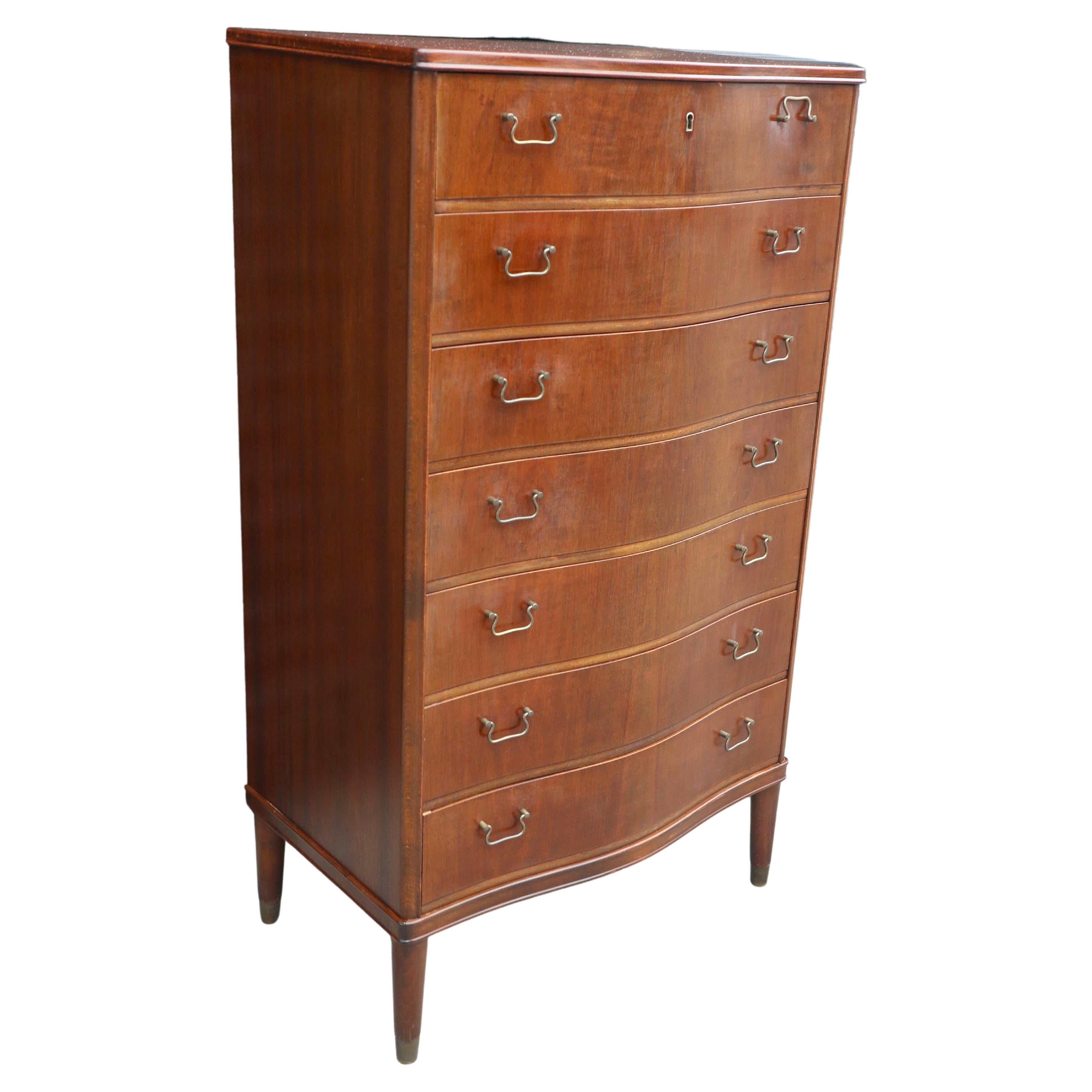 Mahogany 1950s English serpentine front 'tall boy' chest of drawers  For Sale