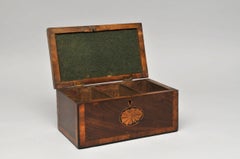 Mahogany 3 Portioned Satinwood Inlaid Tea Caddy, circa 1850